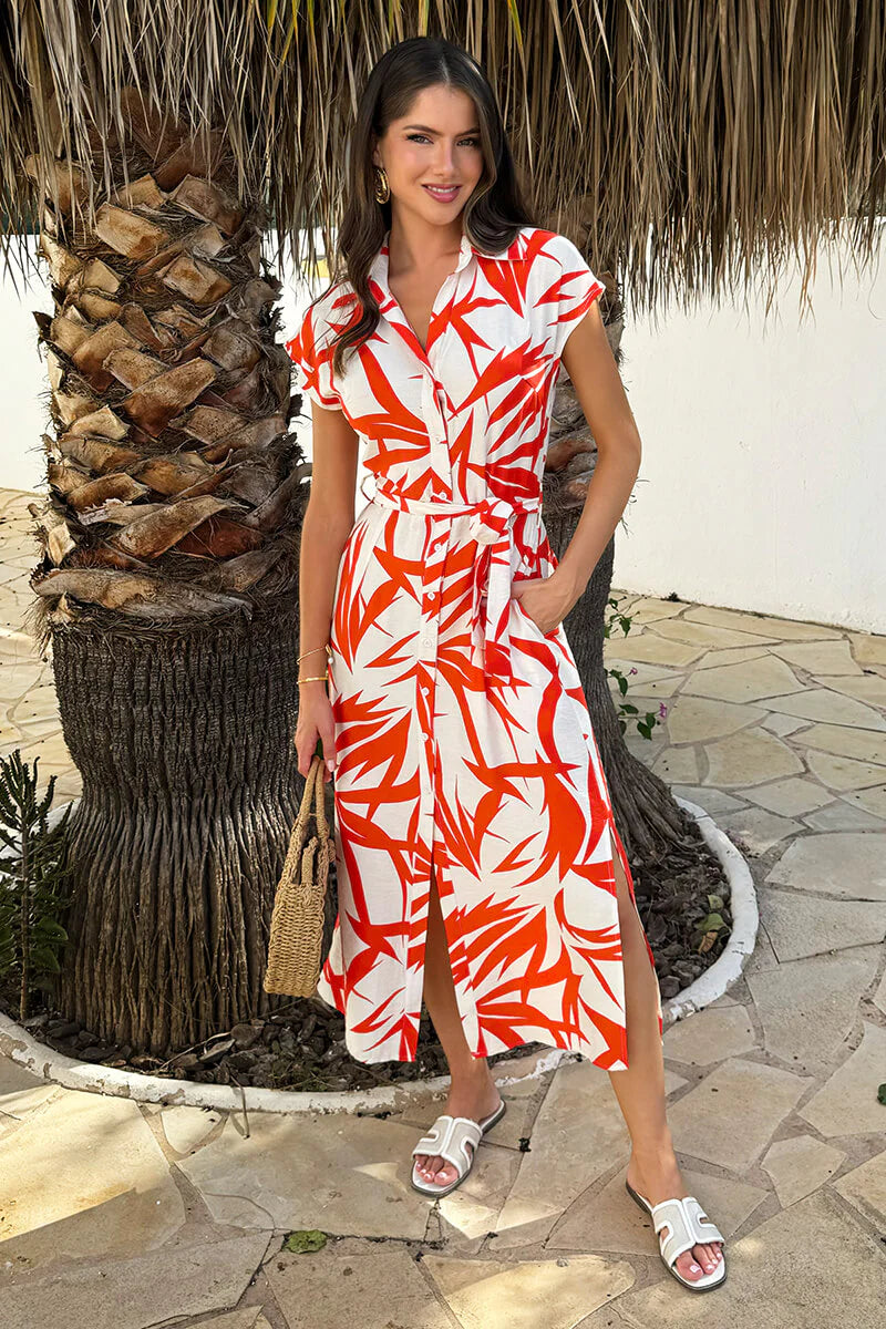 AX Paris - DA2194 - Orange And Cream Tropical Print Tie Waist Shirt Midi Dress