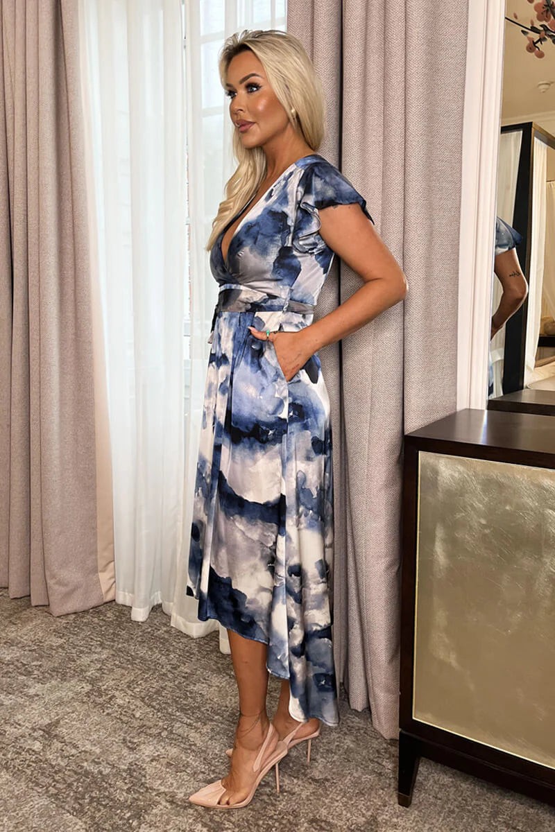 AX Paris - DA2069 - Blue Marble Print Short Sleeve Belted Wrap Midi Dress