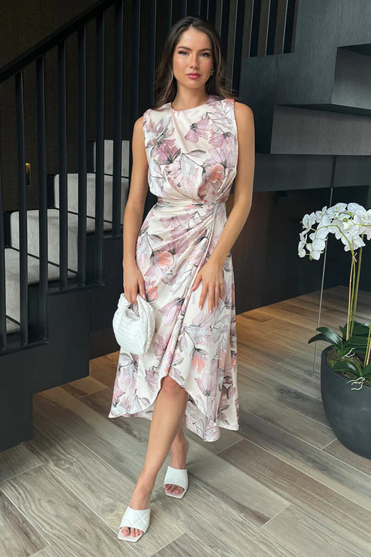 AX Paris - DA2032 - Blush Floral Print Gathered Midi Dress With Shoulder Pads