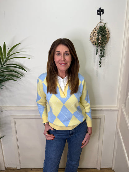 KINGSLEY - Argyle knit with shirt collar detail