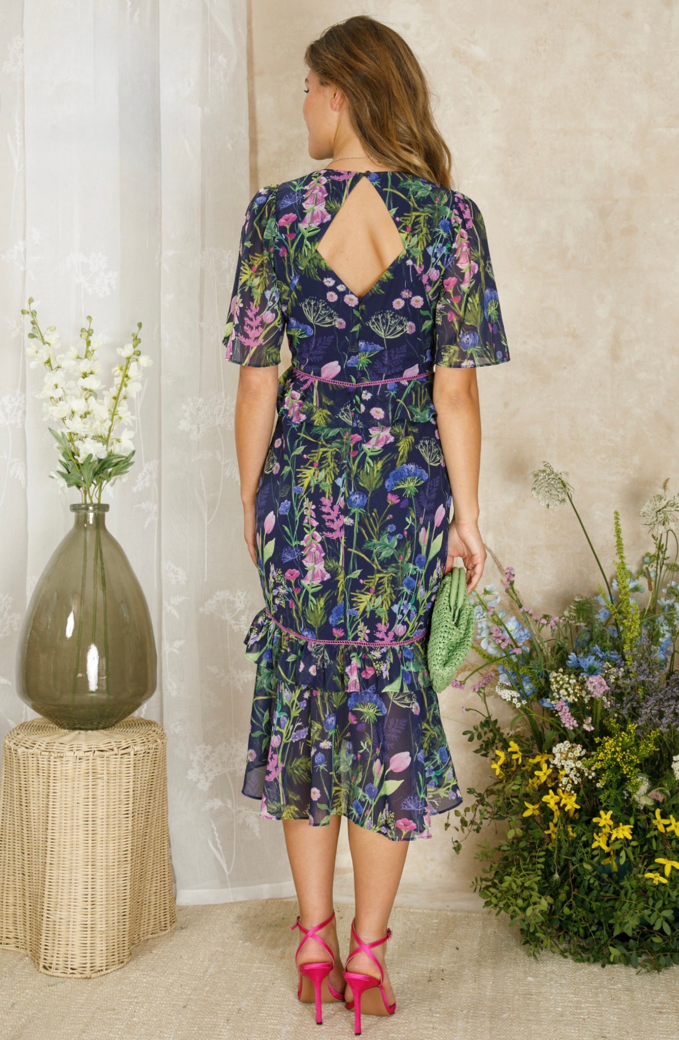 Hope & Ivy - NAOMI - Floral V-Neck Midi Tea Dress with Peplum Waist, Tiered Ruffle Skirt and Ladder Trim