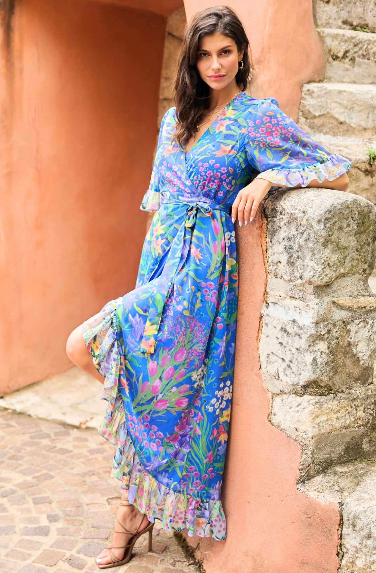 Hope & Ivy - AVALINE - Floral Frill Trim Maxi Wrap Dress with Tie Waist