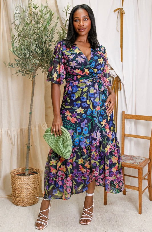 Hope & Ivy - NESTA - Floral Flutter Sleeve Maxi Wrap Dress with Tie Waist