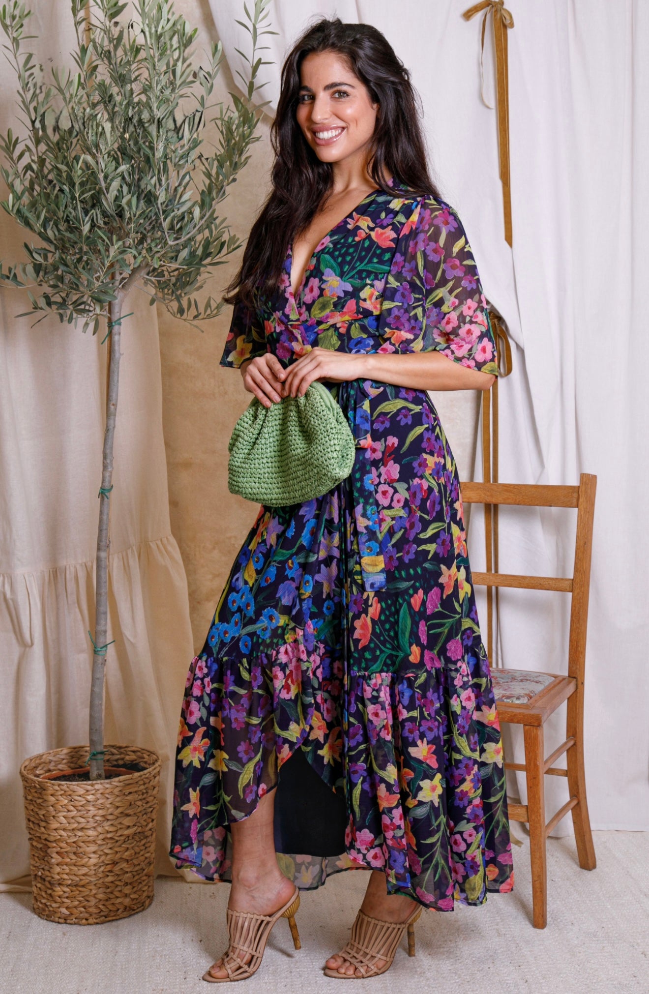 Hope & Ivy - NESTA - Floral Flutter Sleeve Maxi Wrap Dress with Tie Waist