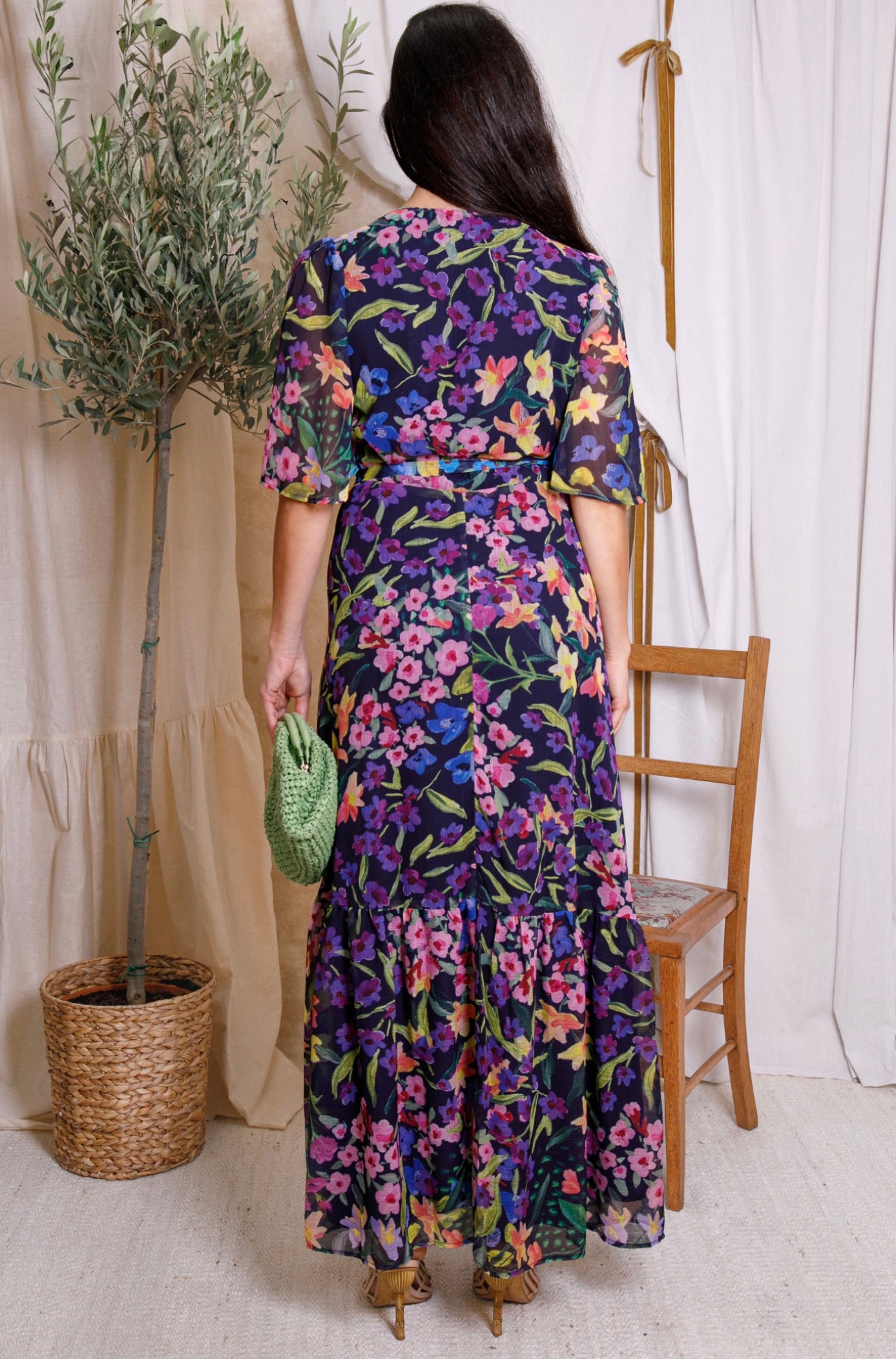 Hope & Ivy - NESTA - Floral Flutter Sleeve Maxi Wrap Dress with Tie Waist