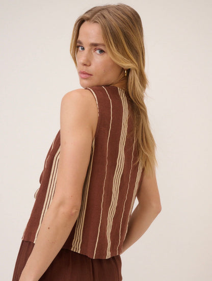 Nobody’s Child - TESSA - Brown Striped Linen-Blend Tie Front Top