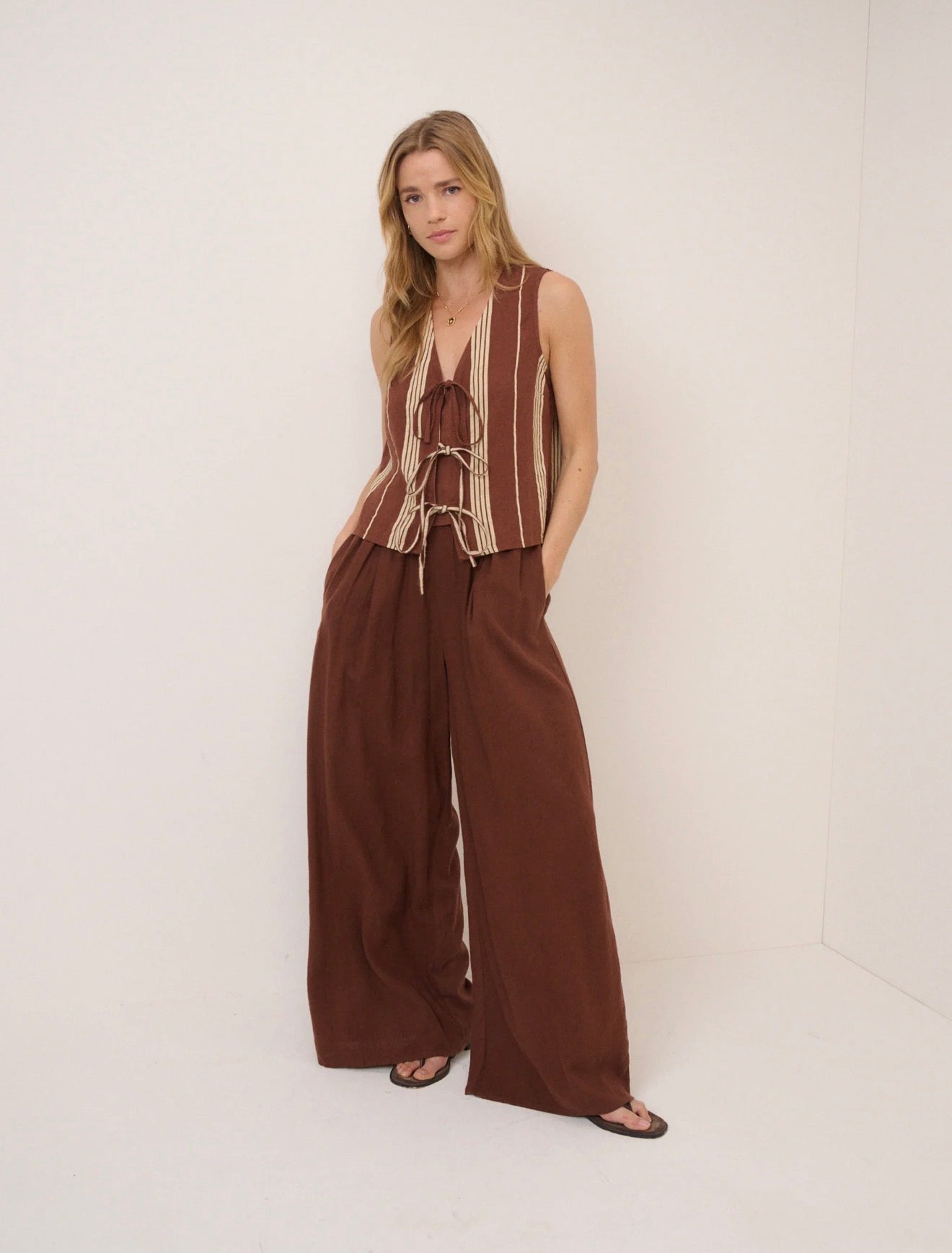 Nobody’s Child - TESSA - Brown Striped Linen-Blend Tie Front Top