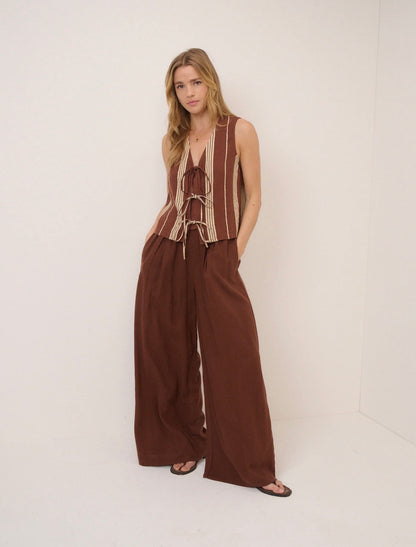 Nobody’s Child - TESSA - Brown Striped Linen-Blend Tie Front Top