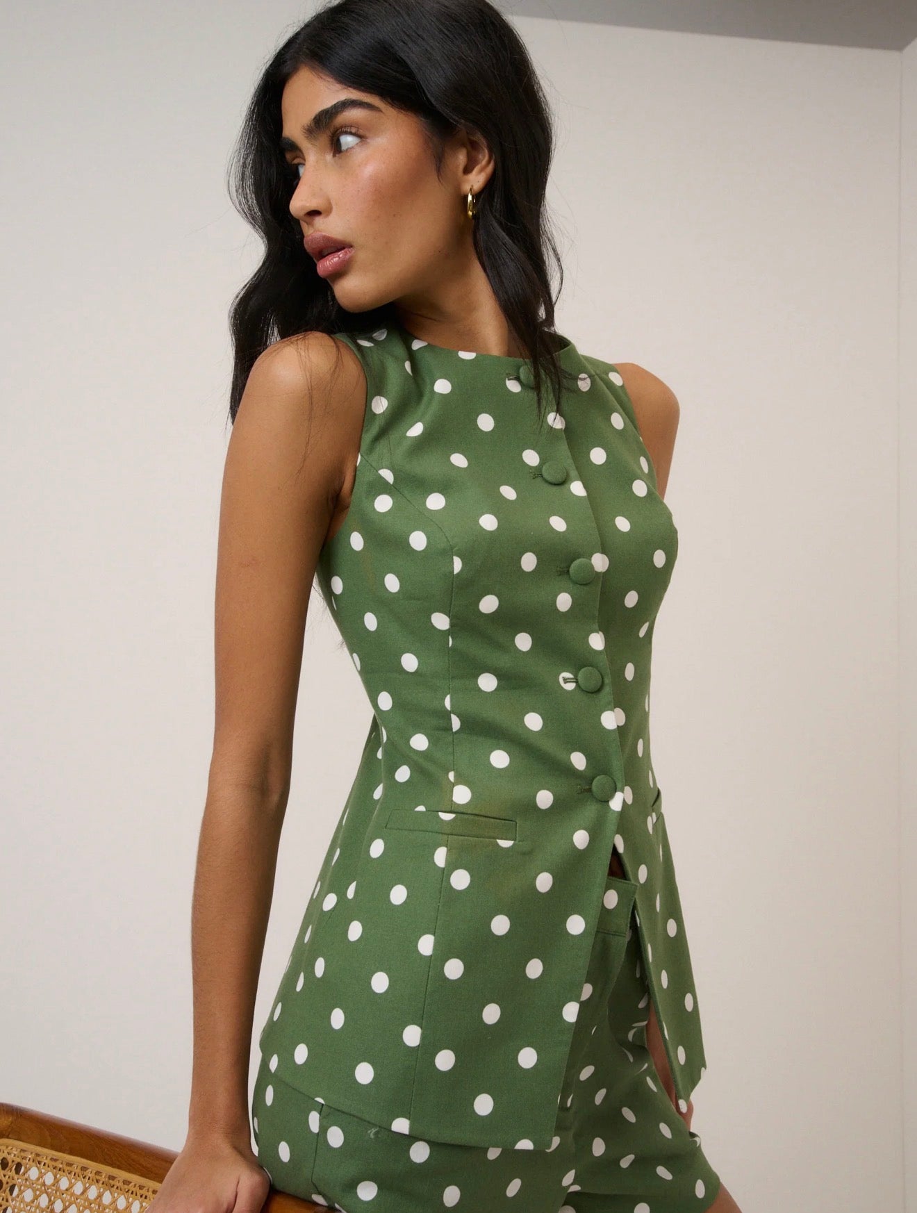 Nobody’s Child - LONGLINE - Green Polka Dot Tailored Waistcoat