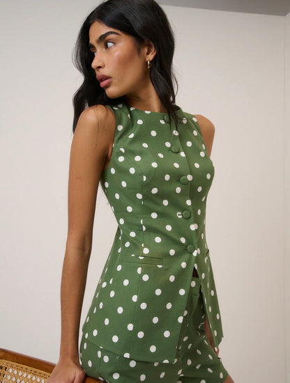 Nobody’s Child - LONGLINE - Green Polka Dot Tailored Waistcoat