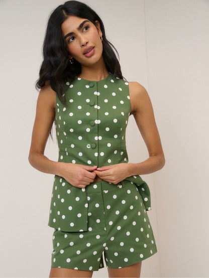 Nobody’s Child - LONGLINE - Green Polka Dot Tailored Waistcoat