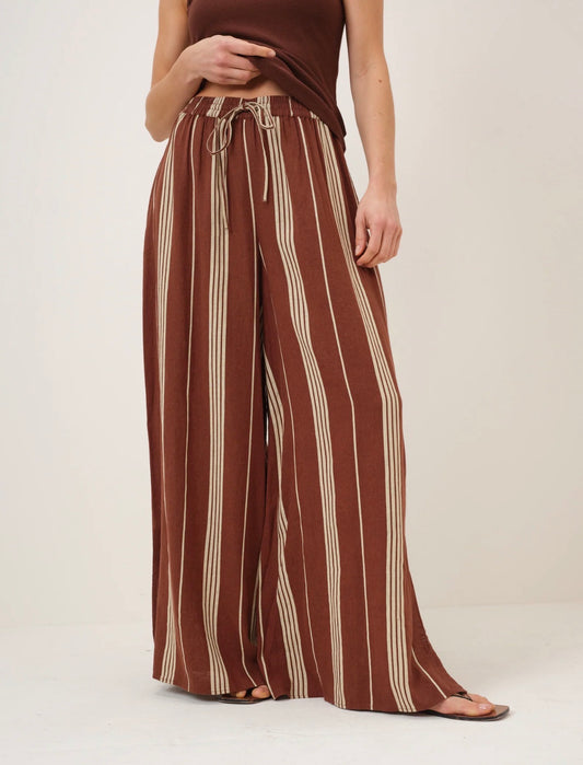 Nobody’s Child - ELSTOW - Brown Striped Linen-Blend Split Hem Trousers