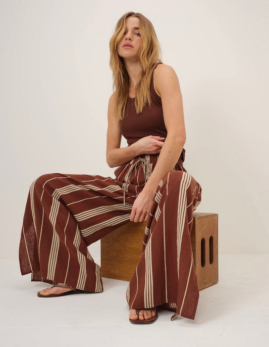 Nobody’s Child - ELSTOW - Brown Striped Linen-Blend Split Hem Trousers