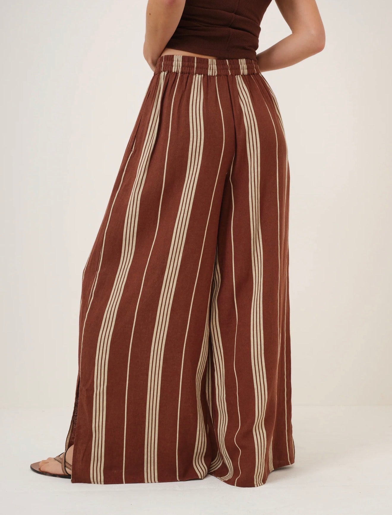 Nobody’s Child - ELSTOW - Brown Striped Linen-Blend Split Hem Trousers