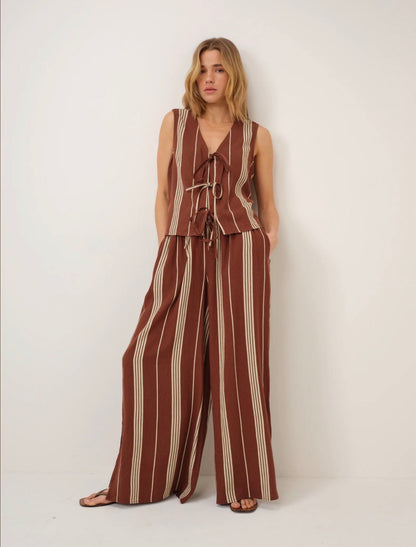 Nobody’s Child - TESSA - Brown Striped Linen-Blend Tie Front Top