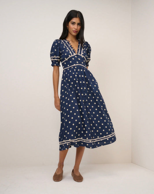 Nobody’s Child - SAFFY - Navy Polka Dot Midi Tea Dress