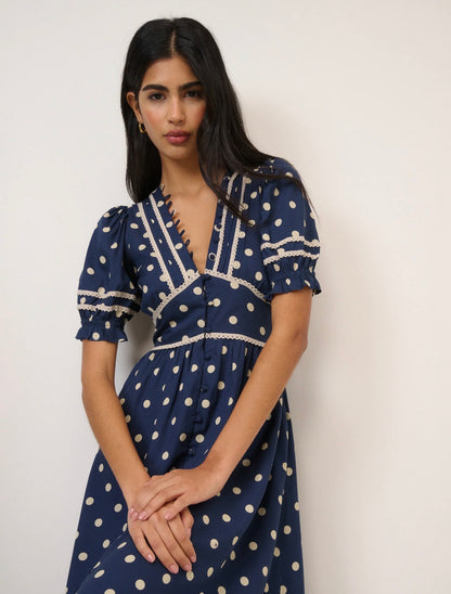 Nobody’s Child - SAFFY - Navy Polka Dot Midi Tea Dress