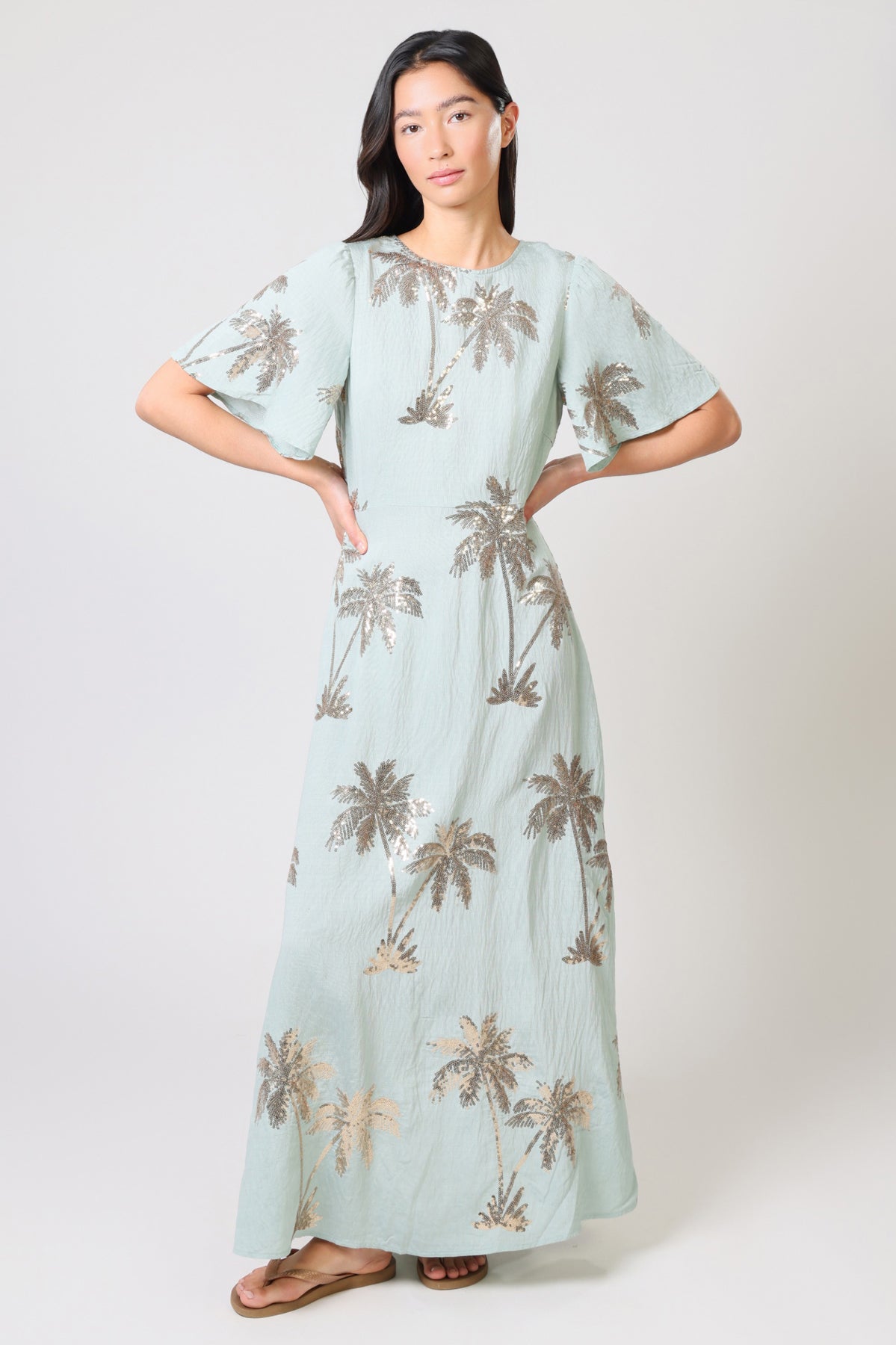 Traffic People - RENE -Sequin Palm print maxi dress